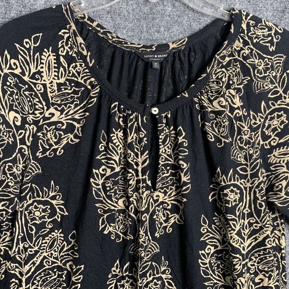 Lucky Brand Rayon Pullover Top Women M Black Tan Design  Hi Low Scoop Neck W/Key - Picture 2 of 12